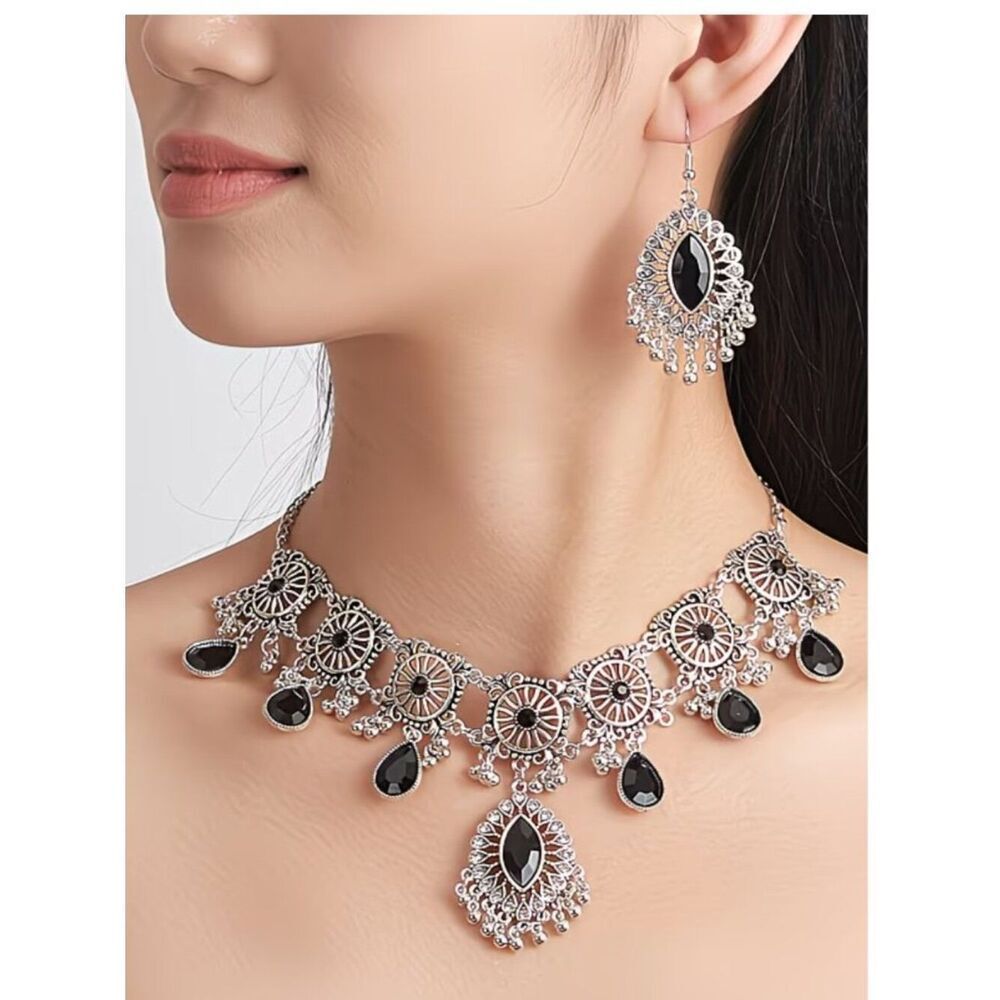 Vintage Silver-Tone Ethnic Style Necklace & Earrings w/Black Pear Shape Stones